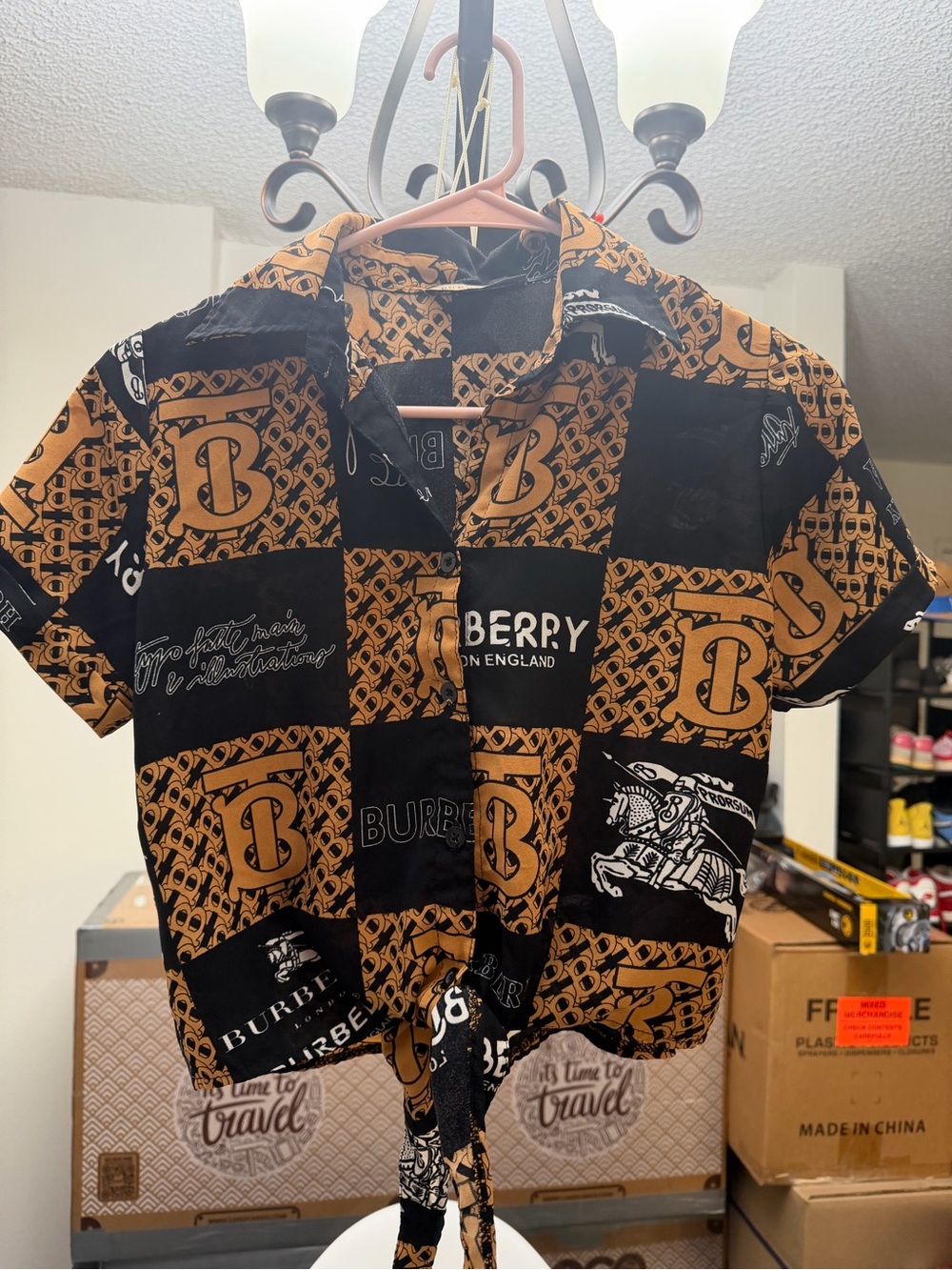 Burberry Black & Tan Logo-Print Short Sleeve Button-Front Shirt